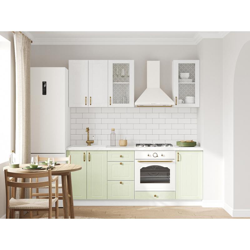 Прованс Кухонный гарнитур прямой 200 см, белый/белый текстурный со стеклом/фисташковый структурный Прованс Кухонный гарнитур прямой 200 см, белый/белый текстурный со стеклом/фисташковый структурный